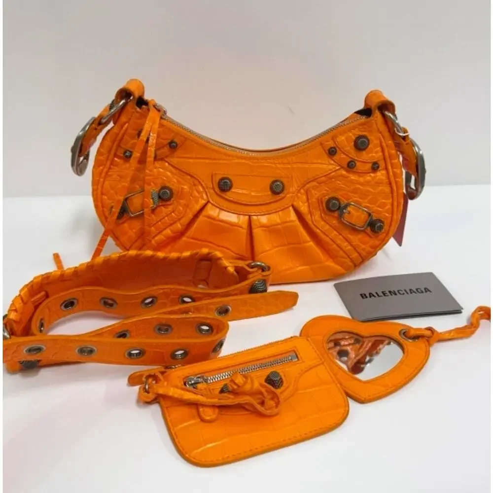 BALENCIAGA Le Cagole xs Orange Croc 2-way city giant hardware pop moto - Picture 3 of 11